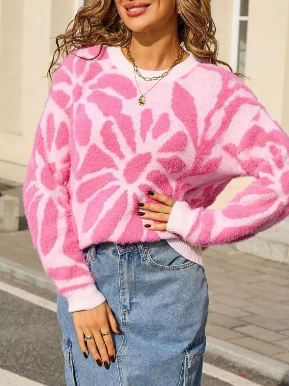 Fuzzy Knit Round Neck Sweater, image 3