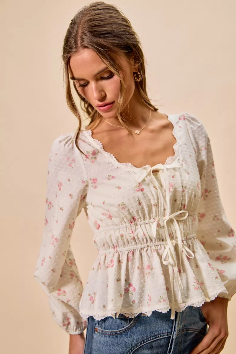 Floral Clip Dot Lace Trim Ruched Bodice Blouse, image 8