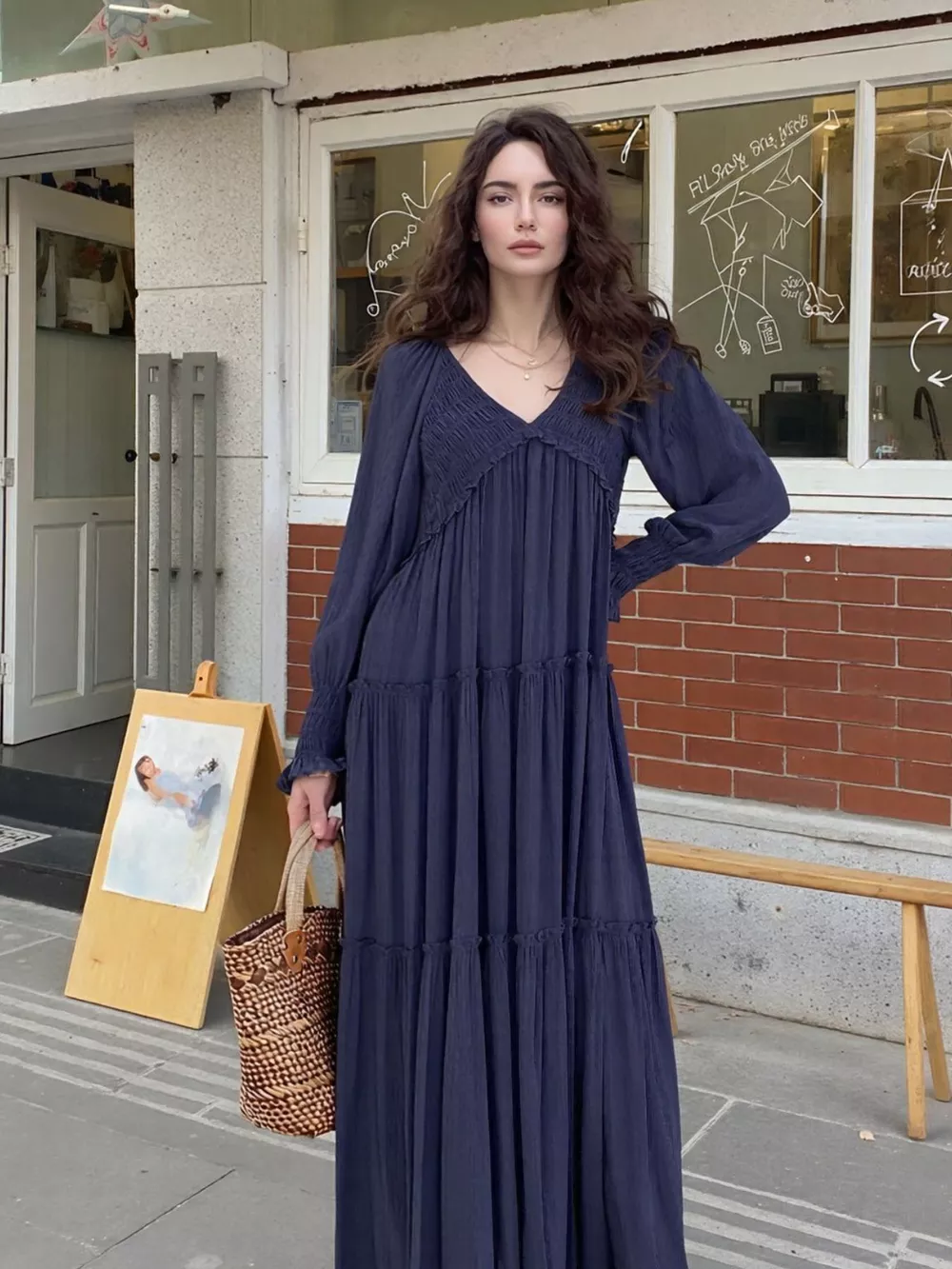 V-Neck Long Sleeve Tiered Maxi Dress, image 21