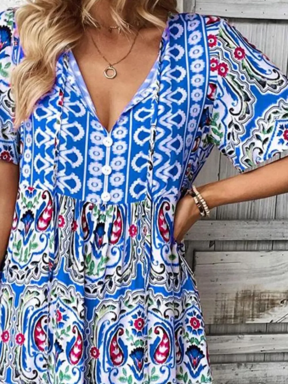 Printed Tie Neck Short Sleeve Dress, image 14