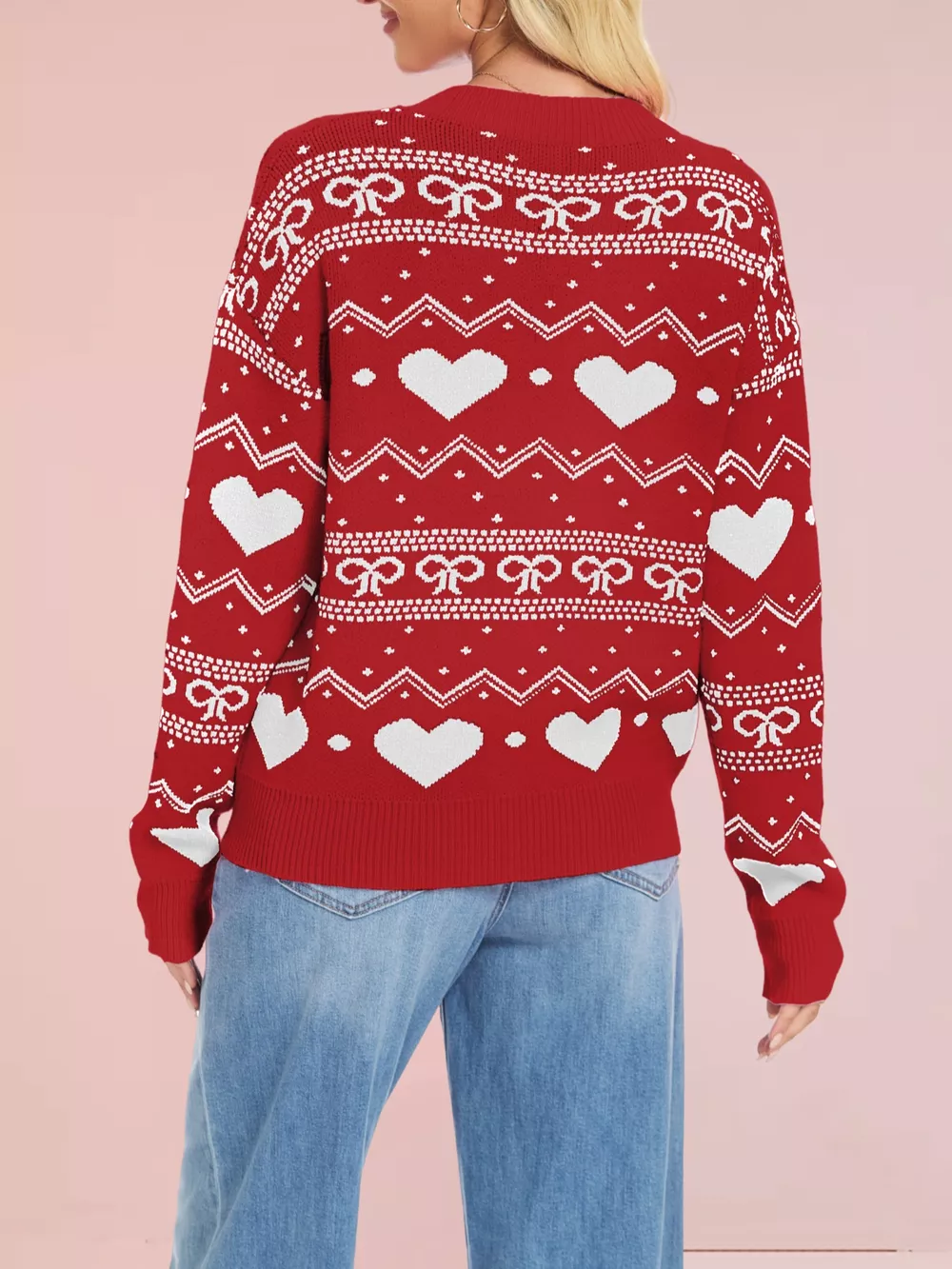 Heart & Bow Pattern Round Neck Sweater, image 4