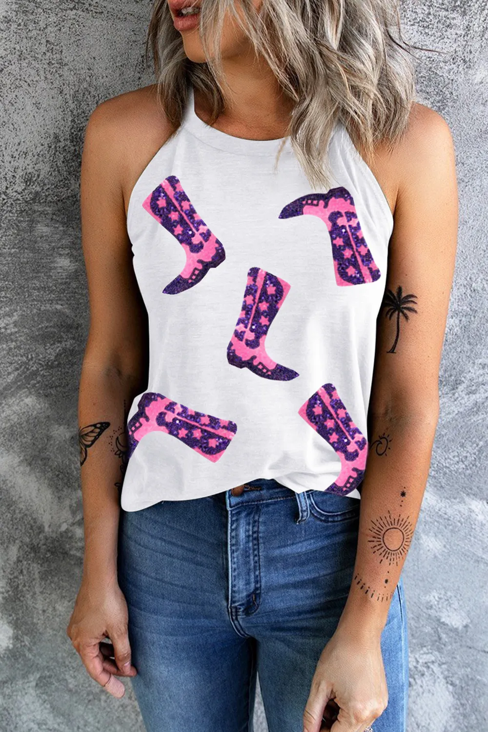 Sequin Boots Print Round Neck Tank, image 3