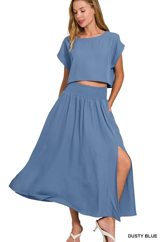Woven Crinkle Gauze Crop Tee and Skirt Set, image 2