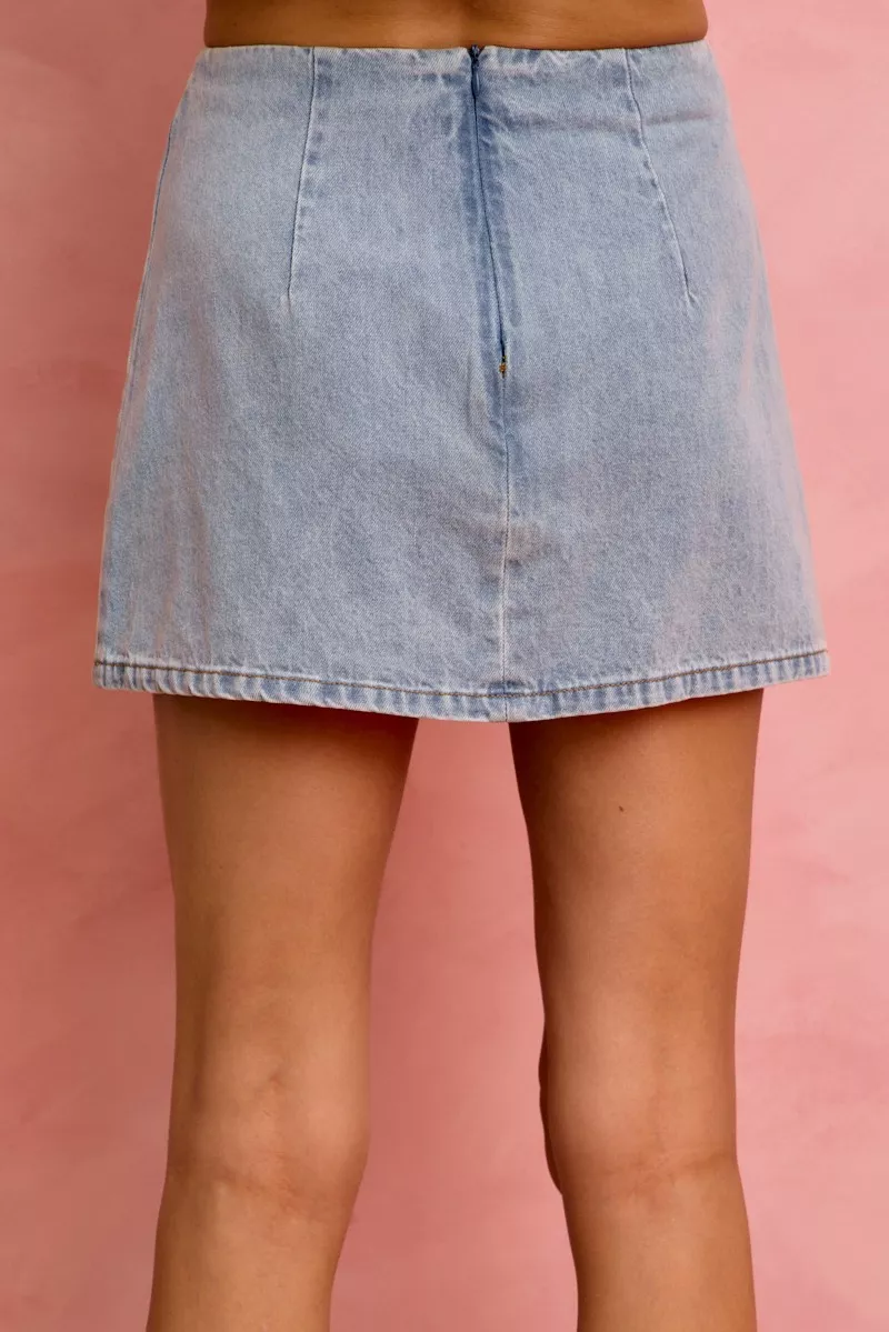 Lace Ribbon Trim Denim Mini Skirt, image 4