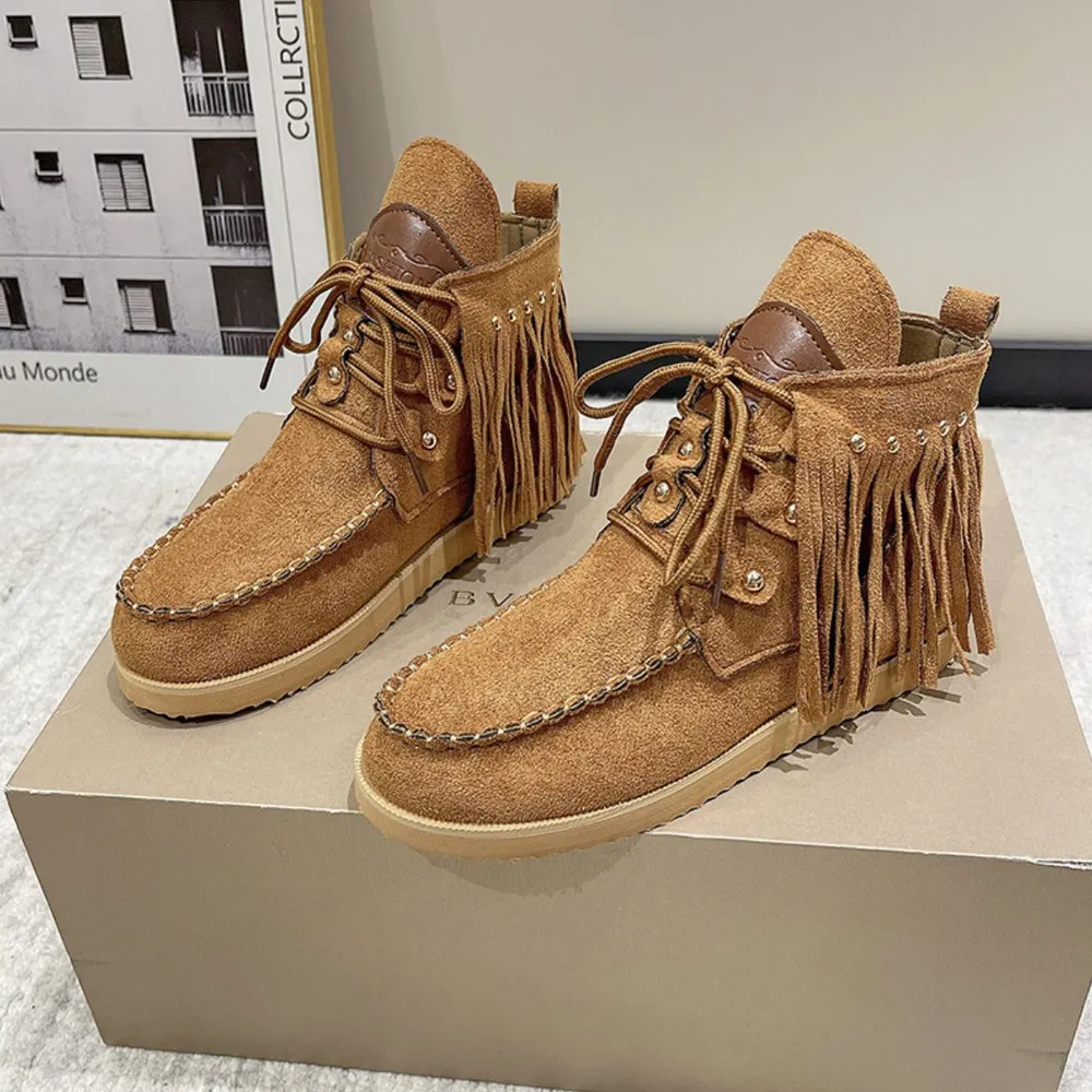 Fringe Studded Round Toe Canvas Boots, image 10