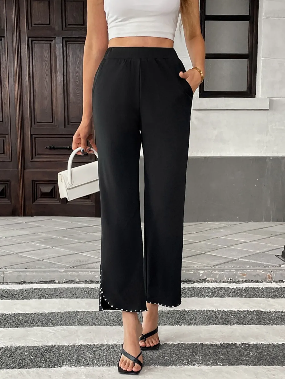 Pearl-Embellished Cropped Wide-Leg Pants, image 5