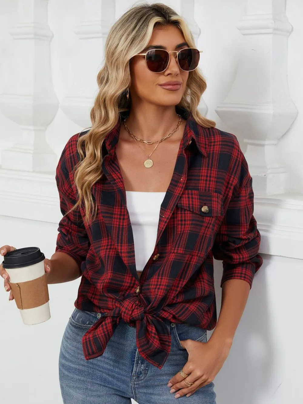 Plaid Collared Neck Long Sleeve Shirt, image 24
