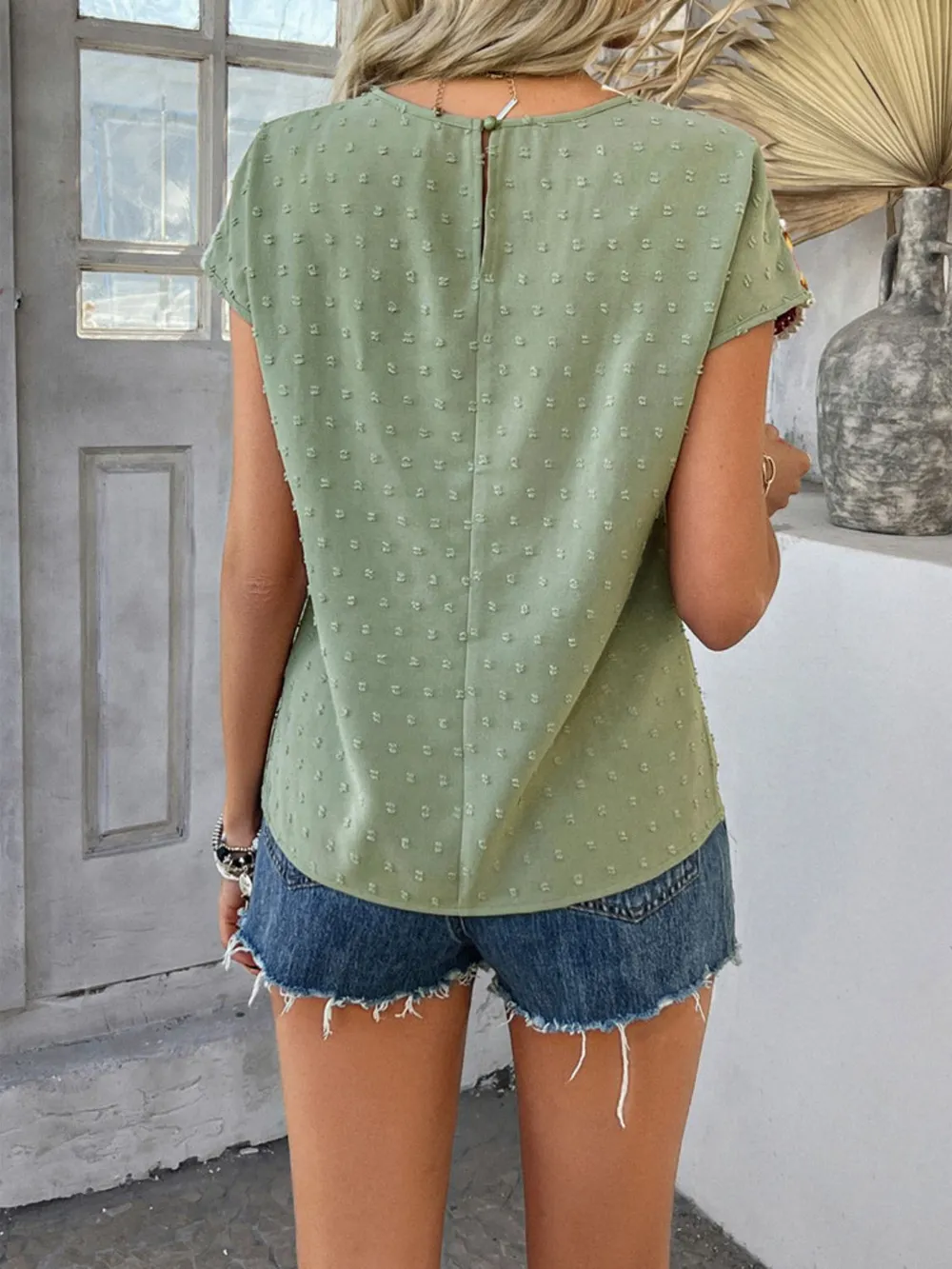 Swiss Dot Round Neck Crochet Short Sleeve Top, image 17