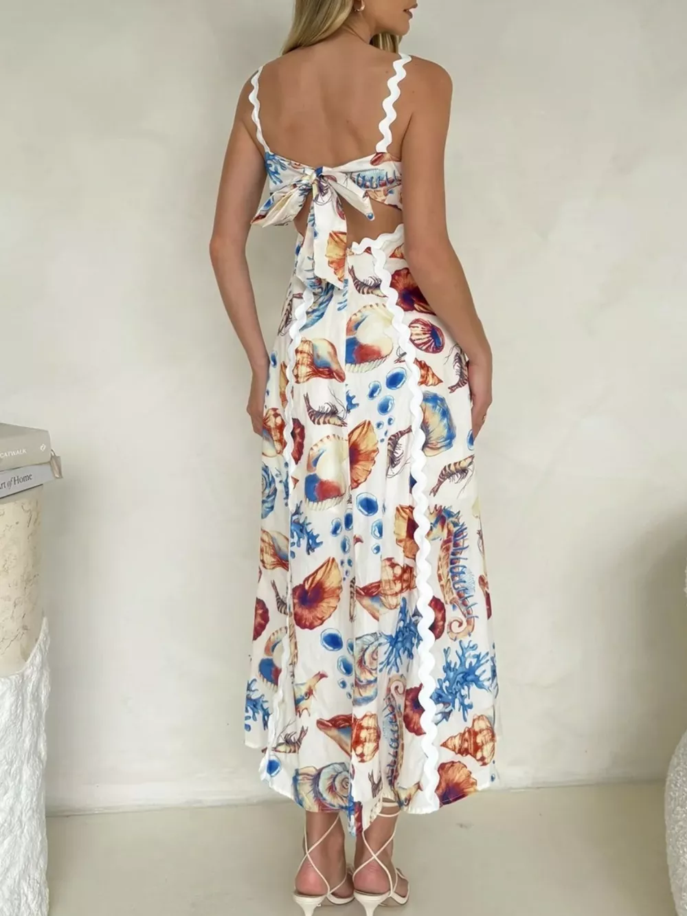 Seashell Print Scalloped Midi Dress, image 8