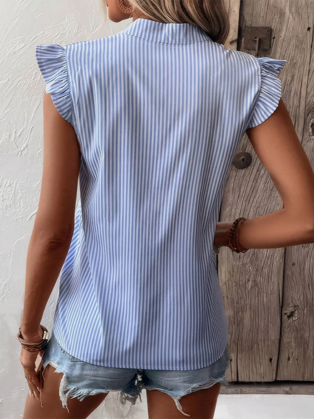 Striped Notched Cap Sleeve Blouse, image 4