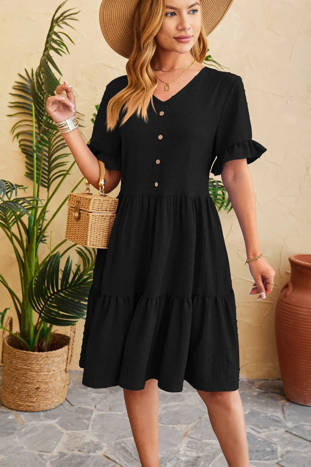 Swiss Dot Ruffled V-Neck Tiered Dress, image 11