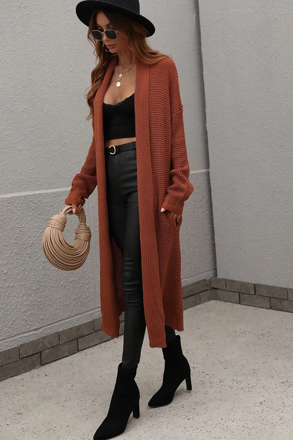 Waffle Knit Open Front Duster Cardigan With Pockets, image 7