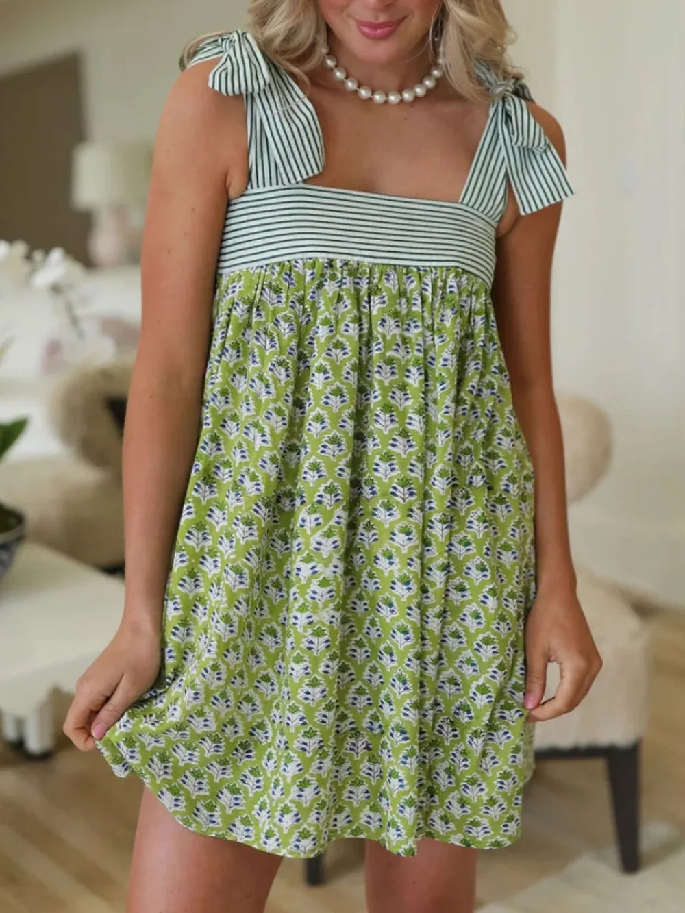Printed Square Neck Tie Shoulder Mini Dress, image 14