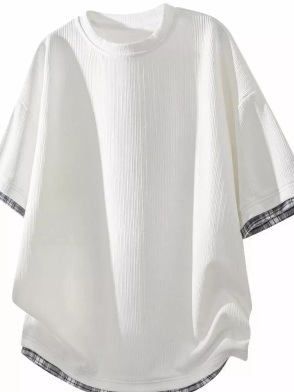 Men's Plus Size Short Sleeve Round Neck Plaid Trim T-Shirt, image 5