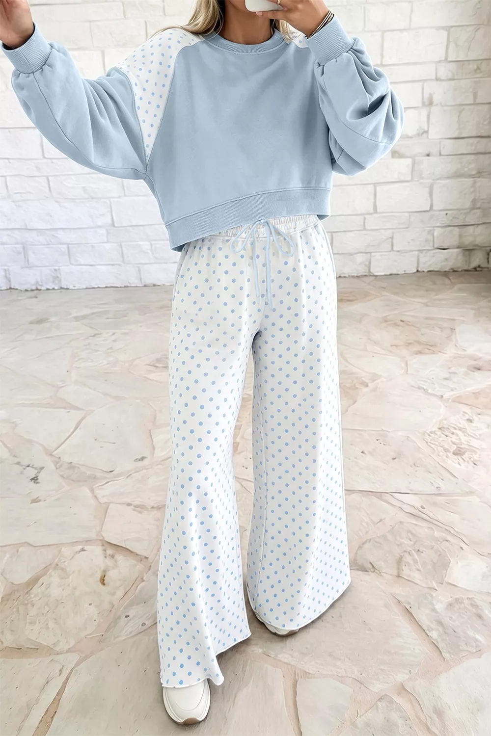 Polka Dot Cropped Sweatshirt and Wide-Leg Pants Set, image 15