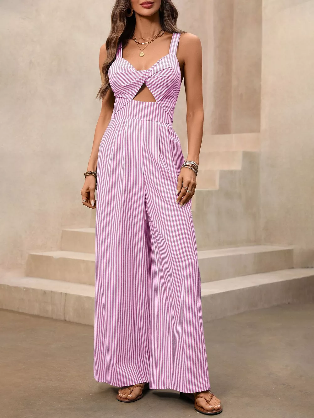 Striped Cutout Twist Front Wide Leg Jumpsuit, image 8