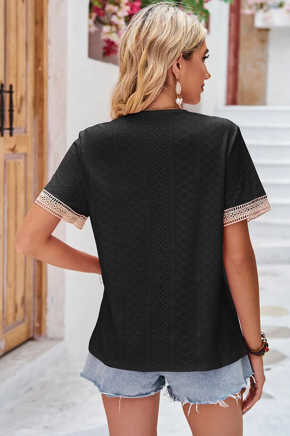 Eyelet V-Neck Short Sleeve T-Shirt, image 12