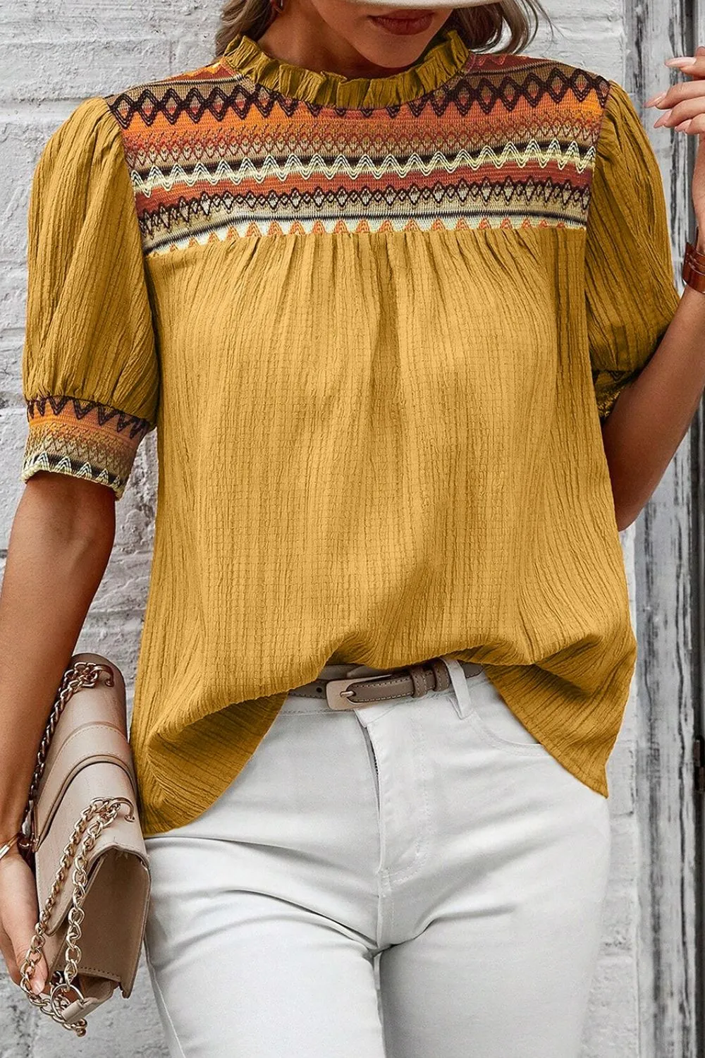 Geometric Frill Mock Neck Short Sleeve Blouse, image 7