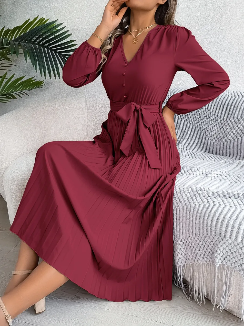 Pleated Tied V-Neck Long Sleeve Dress, image 25