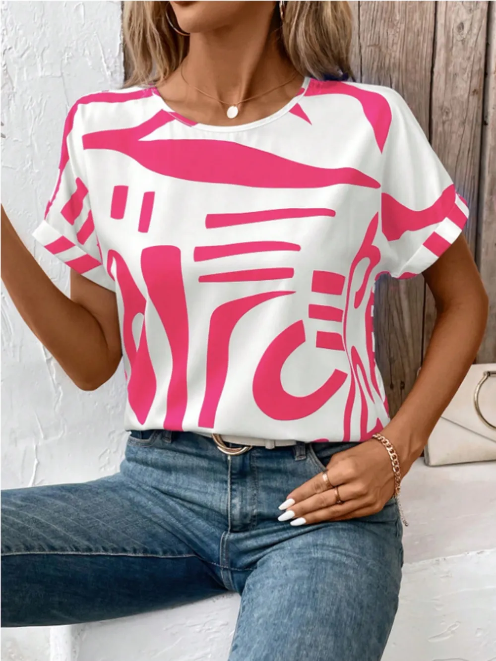 Contrast Round Neck Short Sleeve Blouse, image 12