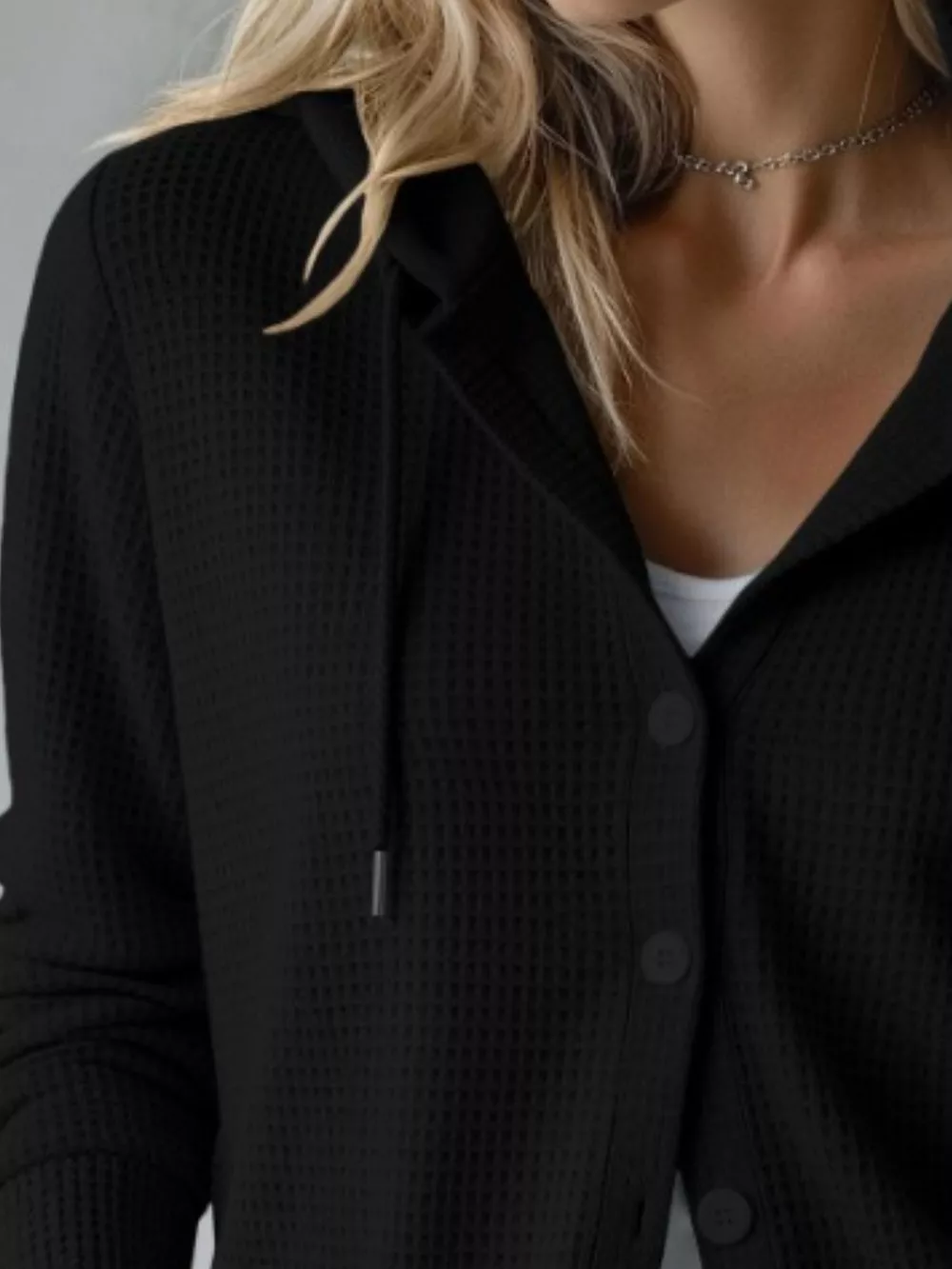 Waffle Knit Button-Down Hooded Cardigan, image 4