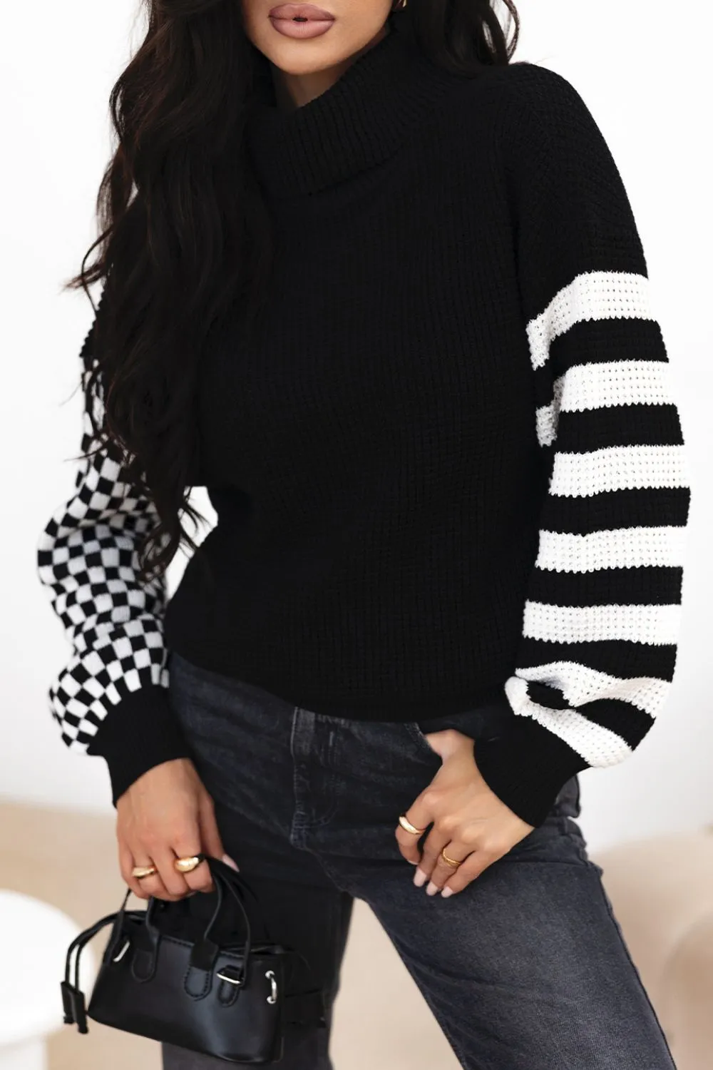 Striped & Checkered Turtleneck Dropped Shoulder Sweater, image 3