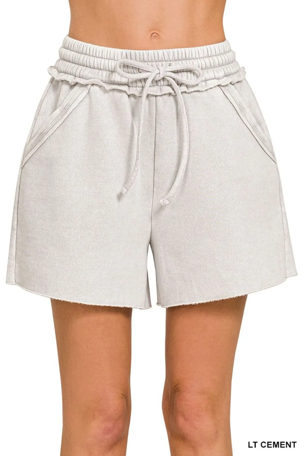 Acid Wash Fleece Drawstring Shorts With Pockets