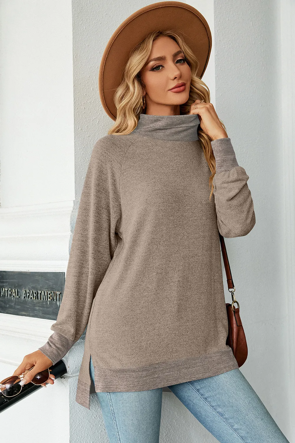 Slit Mock Neck Long Sleeve T-Shirt, image 23