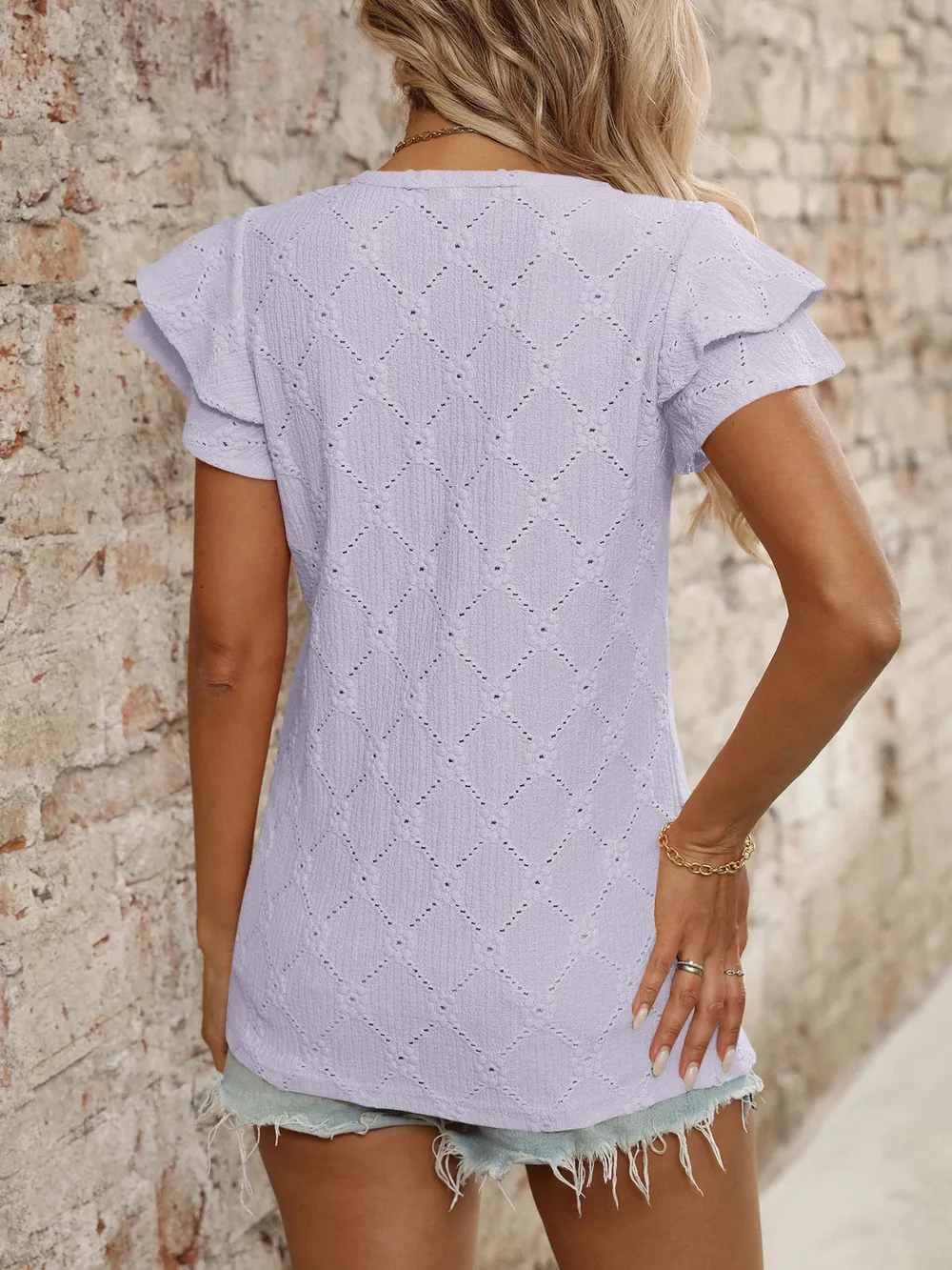 Eyelet V-Neck Ruffled Cap Sleeve Top, image 17