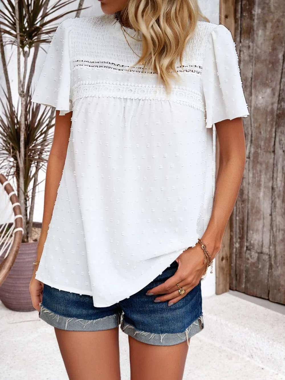 Swiss Dot Smocked Round Neck Short Sleeve Blouse, image 8