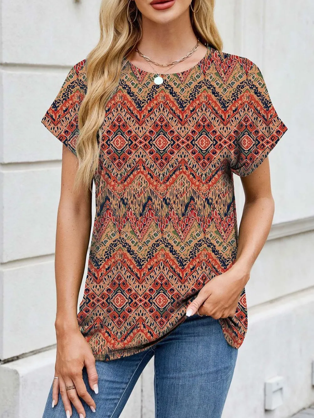Printed Round Neck Short Sleeve Top, image 30