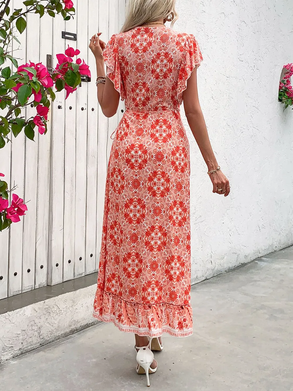 Ruffled High-Low Printed Short Sleeve Midi Dress, image 6