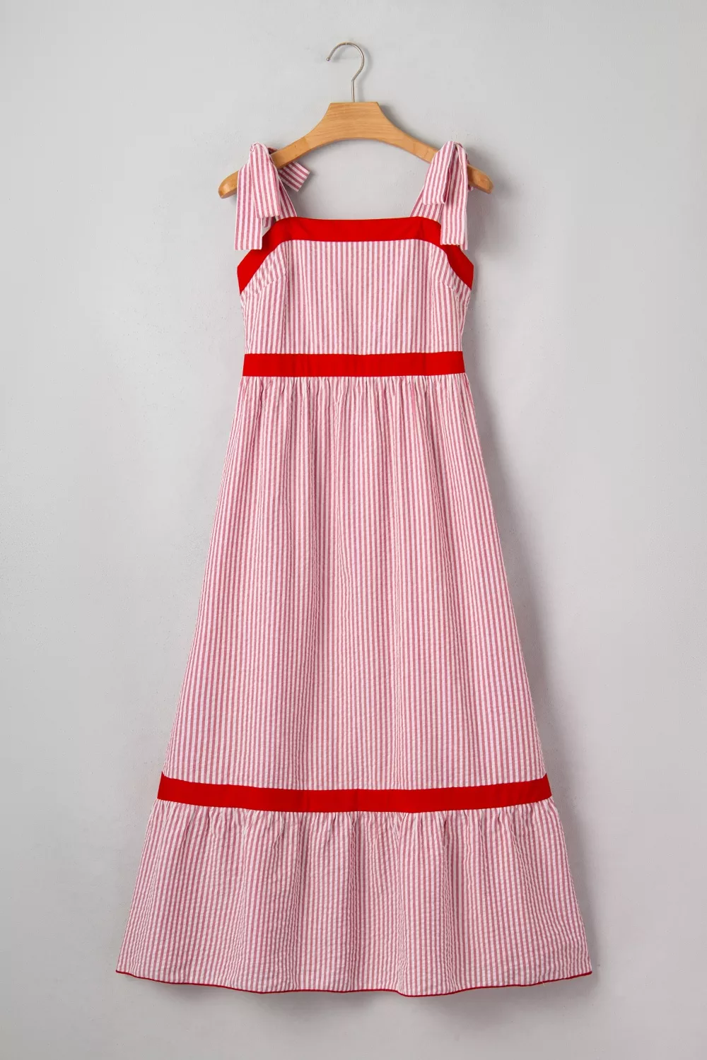 Stripe Bow Knot Straps Contrast Trim High Waist Ruffle Hem Maxi Dress, image 8