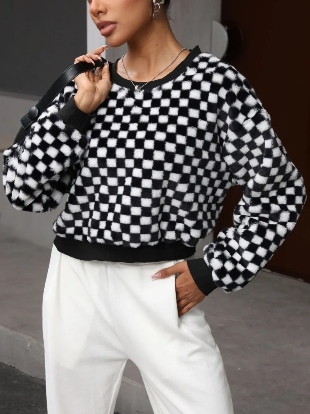 Plaid Round Neck Long Sleeve Sweatshirt, image 4