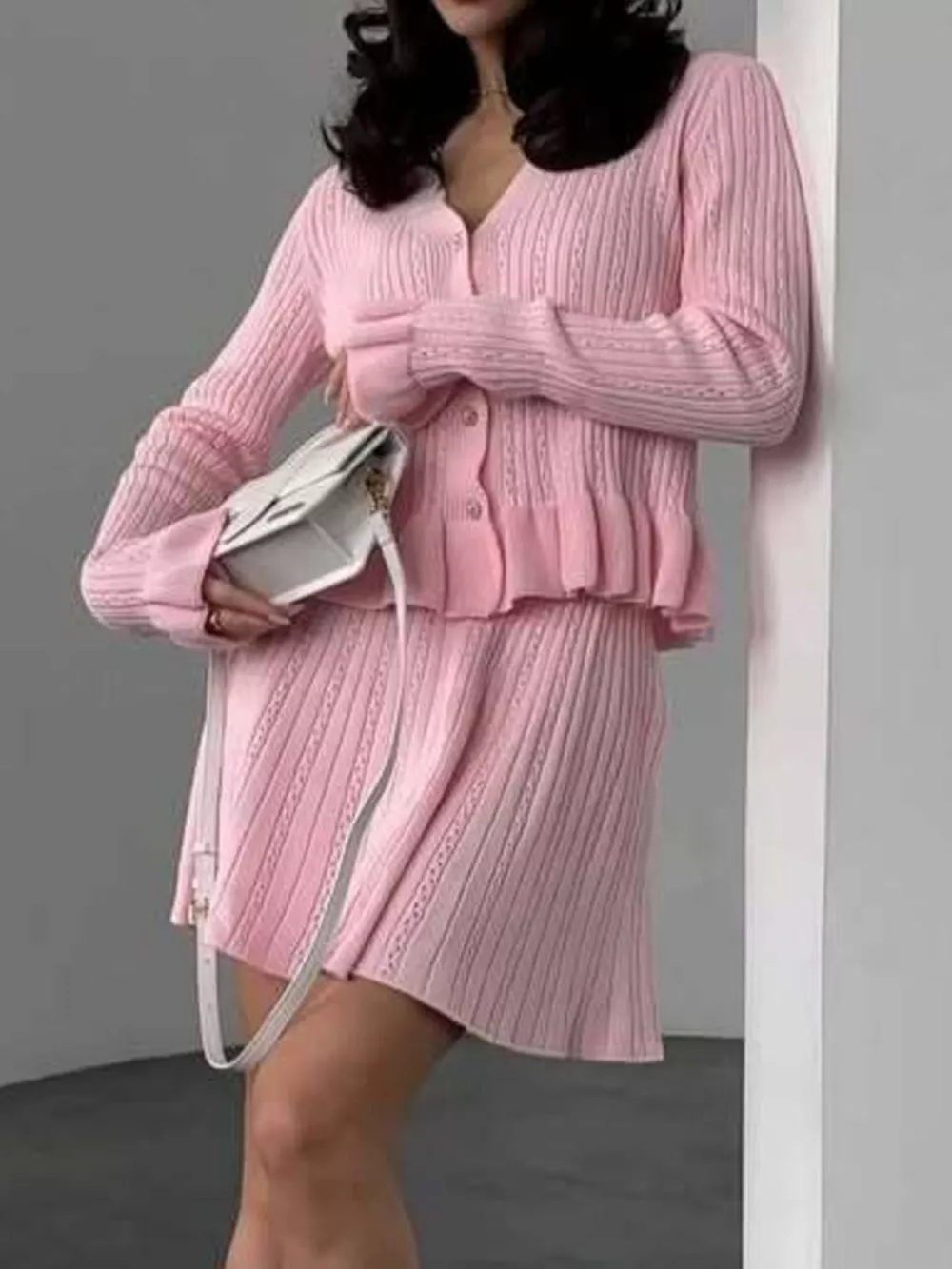 Ruffle Trim Knit Cardigan & Skirt Set, image 2