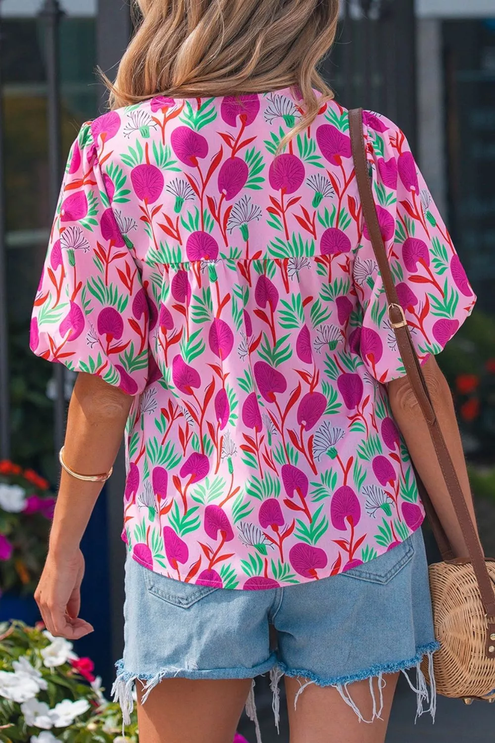 Floral Print Short Sleeve Contrast Patchwork Tassel Tie Blouse, image 4