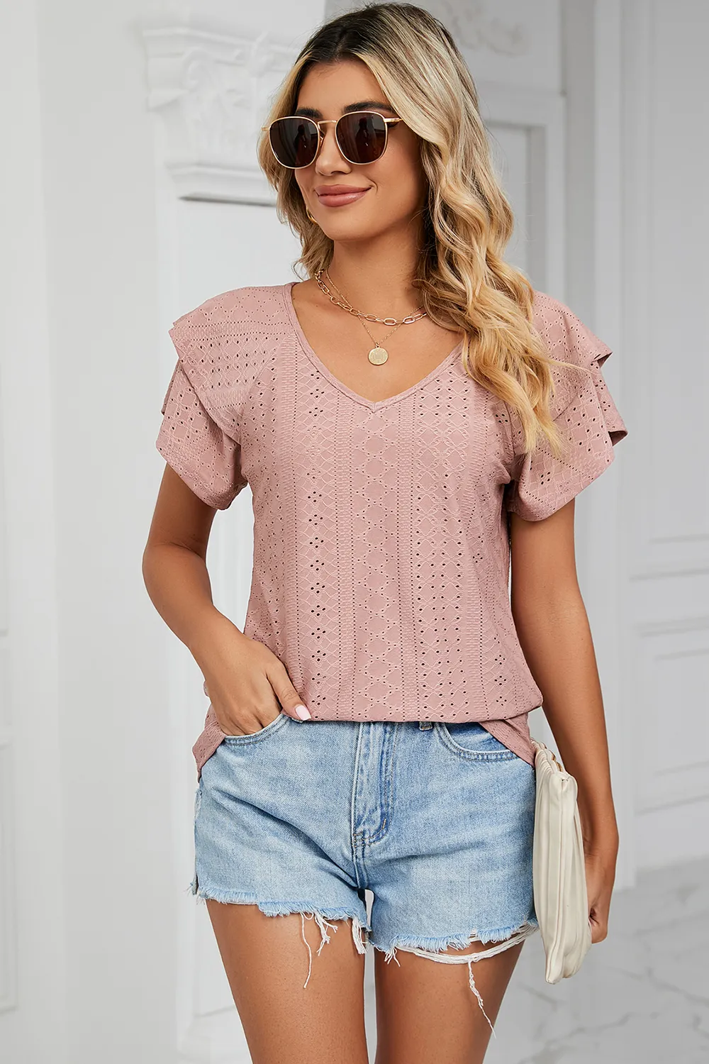 Eyelet V-Neck Short Sleeve T-Shirt, image 20