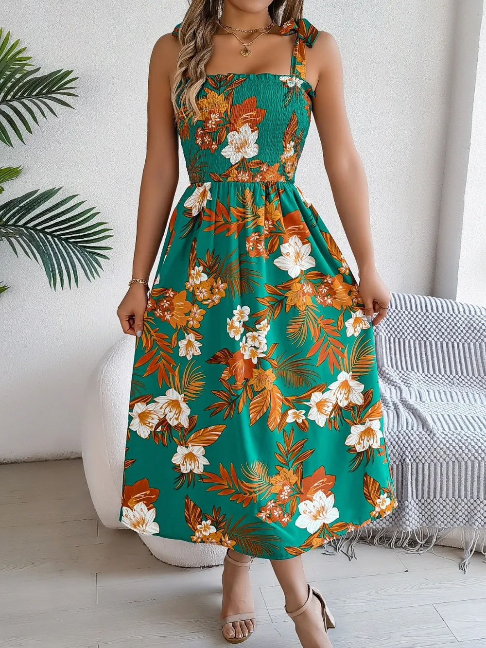 Smocked Floral Tie Shoulder Midi Dress, image 12