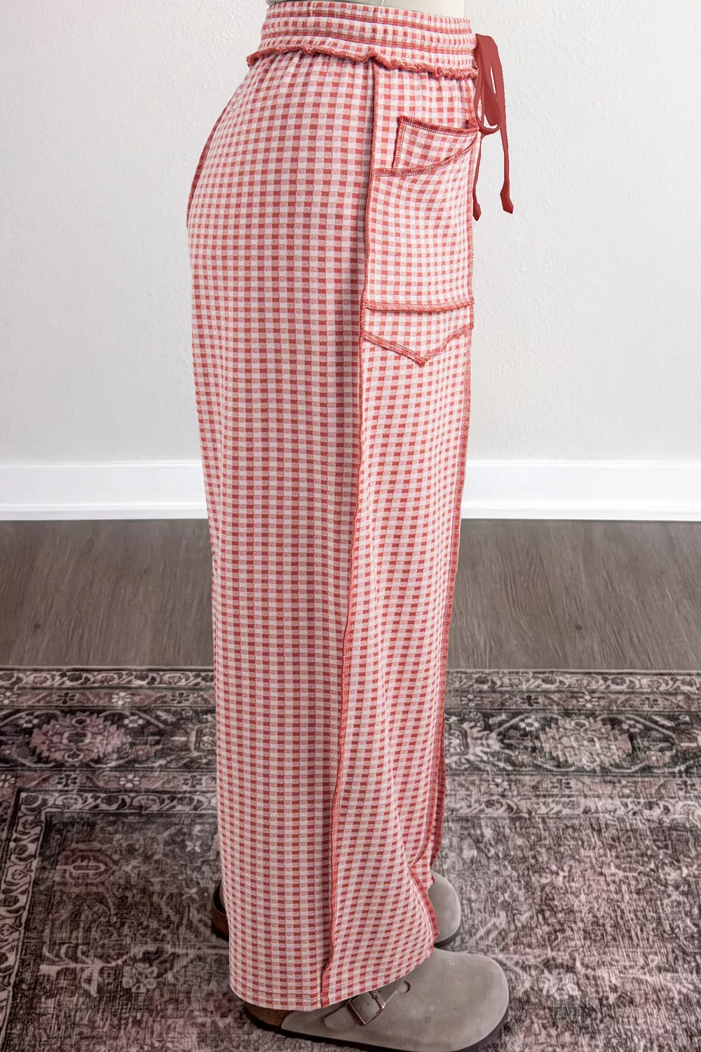 Gingham High-Waisted Drawstring Wide-Leg Pants, image 4