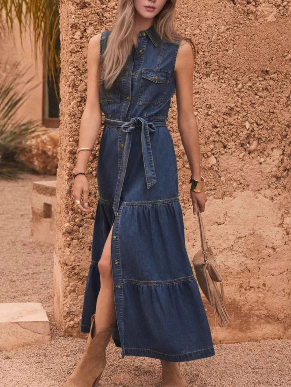 Button Front Sleeveless Denim Dress, image 4