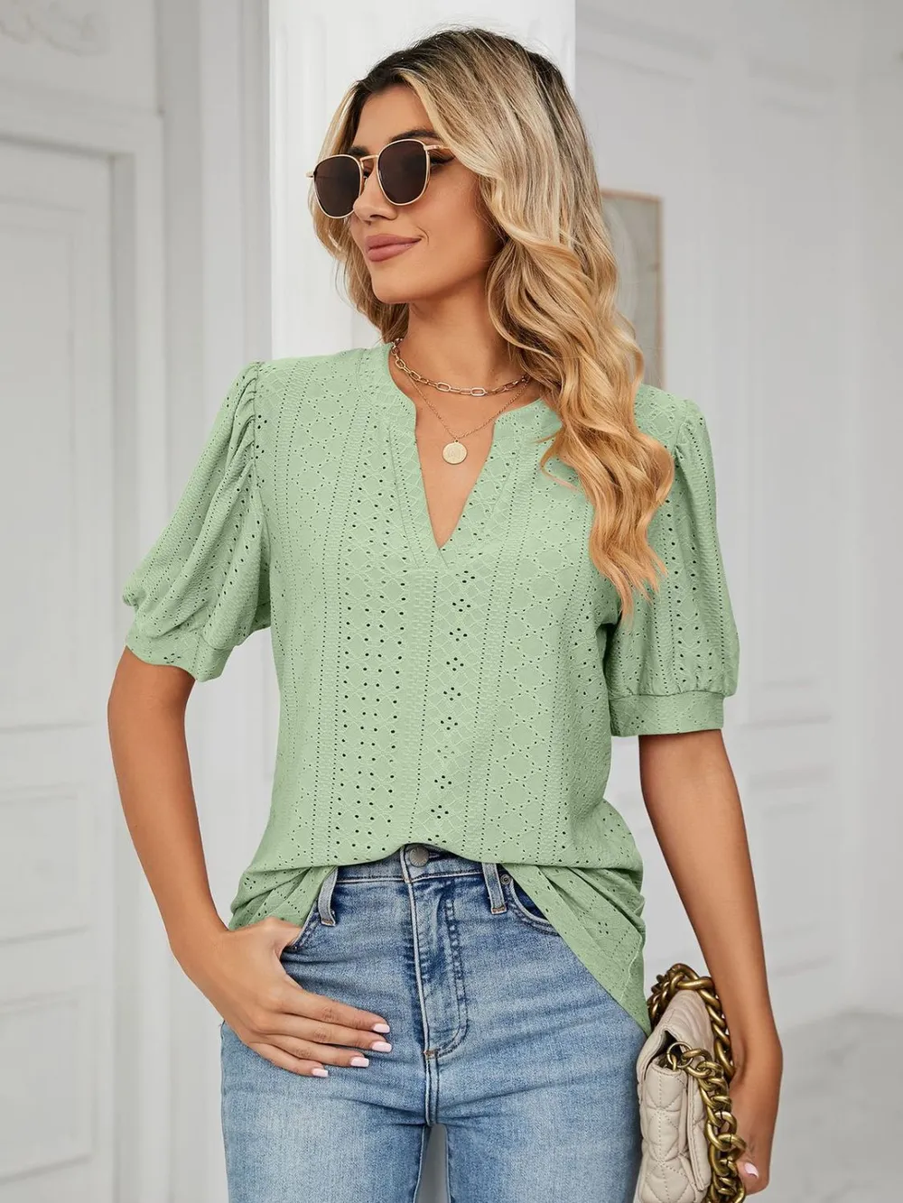 Eyelet Notched Short Sleeve T-Shirt, image 22