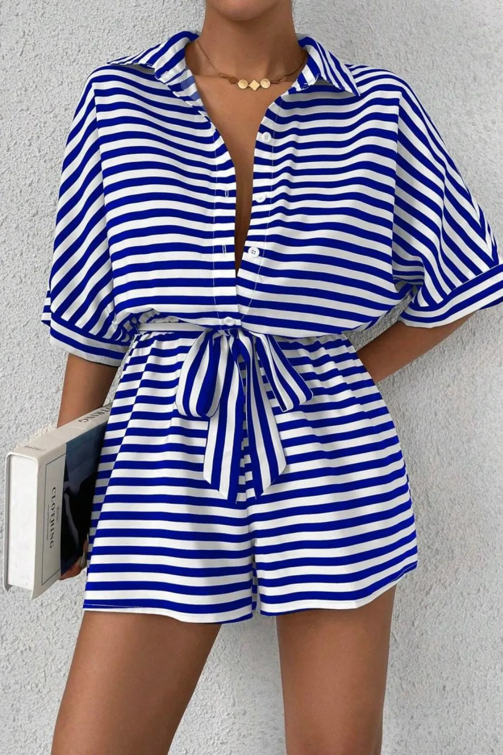 Striped Collared Neck Tie Waist Romper, image 15