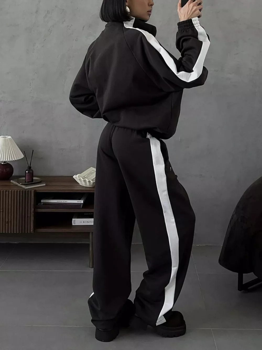 Contrast Side Stripe Zip Up Top and Pants Set, image 6