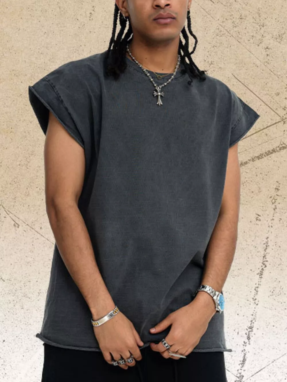 Men's Washed Round Neck Tank, image 5