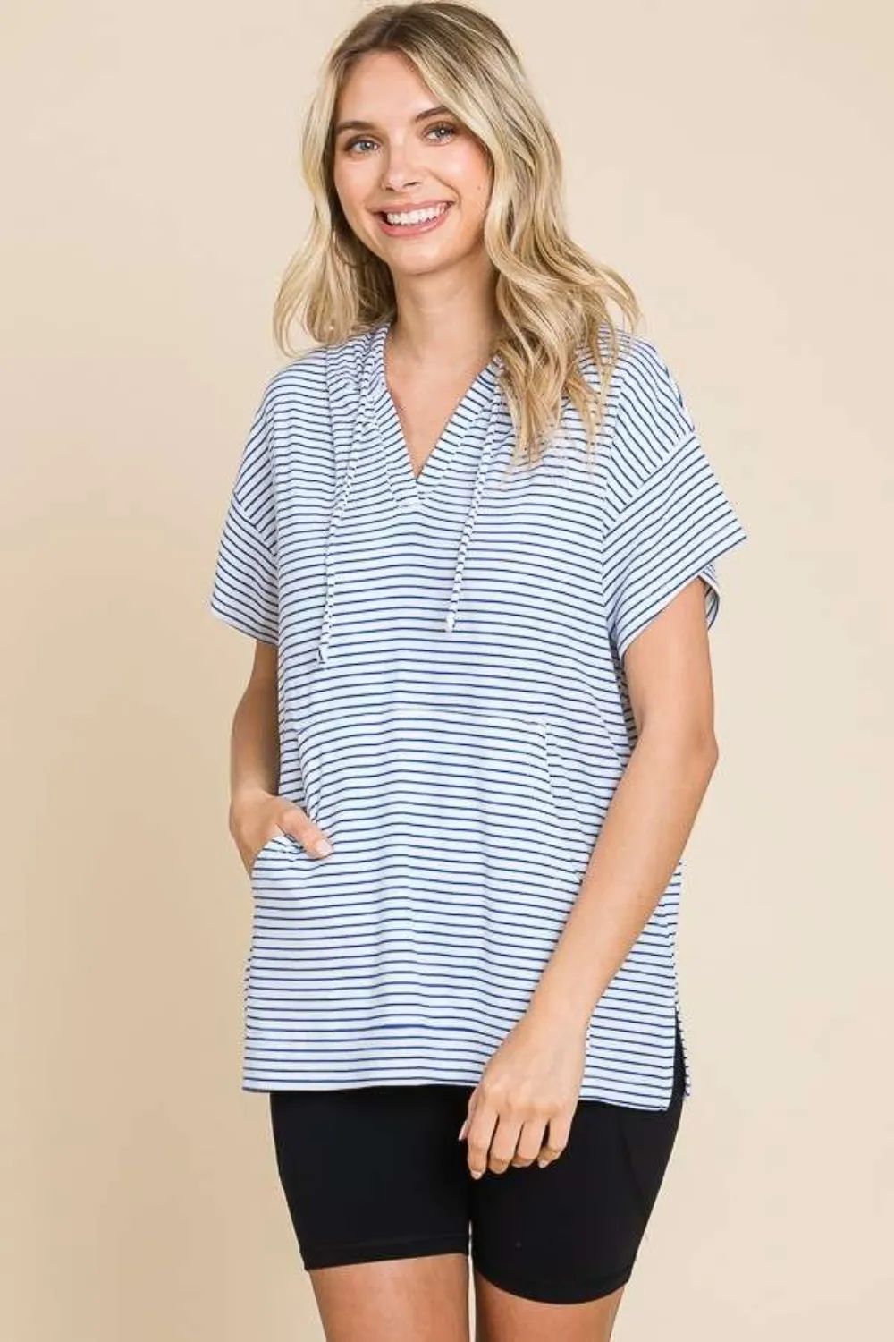 Full Size Striped Short Sleeve Hooded Top, image 4