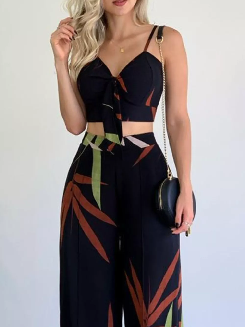 Tropical Print Spaghetti Strap Crop Top and Wide Leg Pants Set, image 2