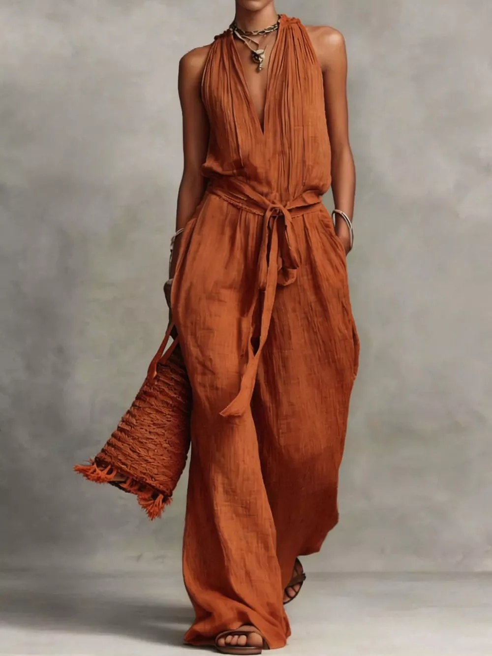 Sleeveless Wide-Leg Jumpsuit with Tie-Waist, image 7