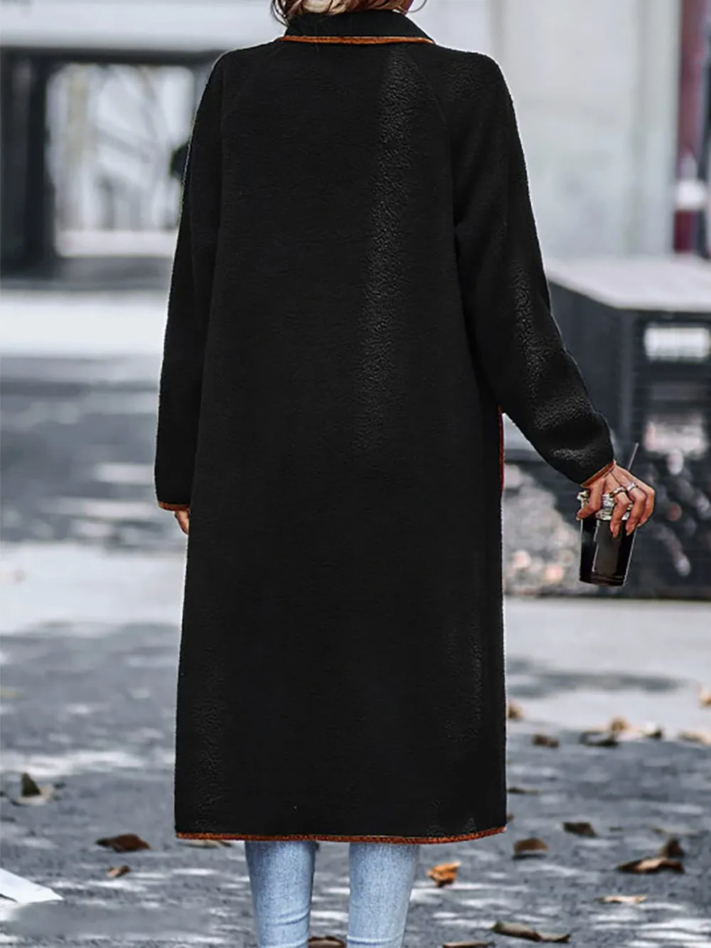 Full Size Contrast Trim Long Sleeve Coat with Pockets, image 5