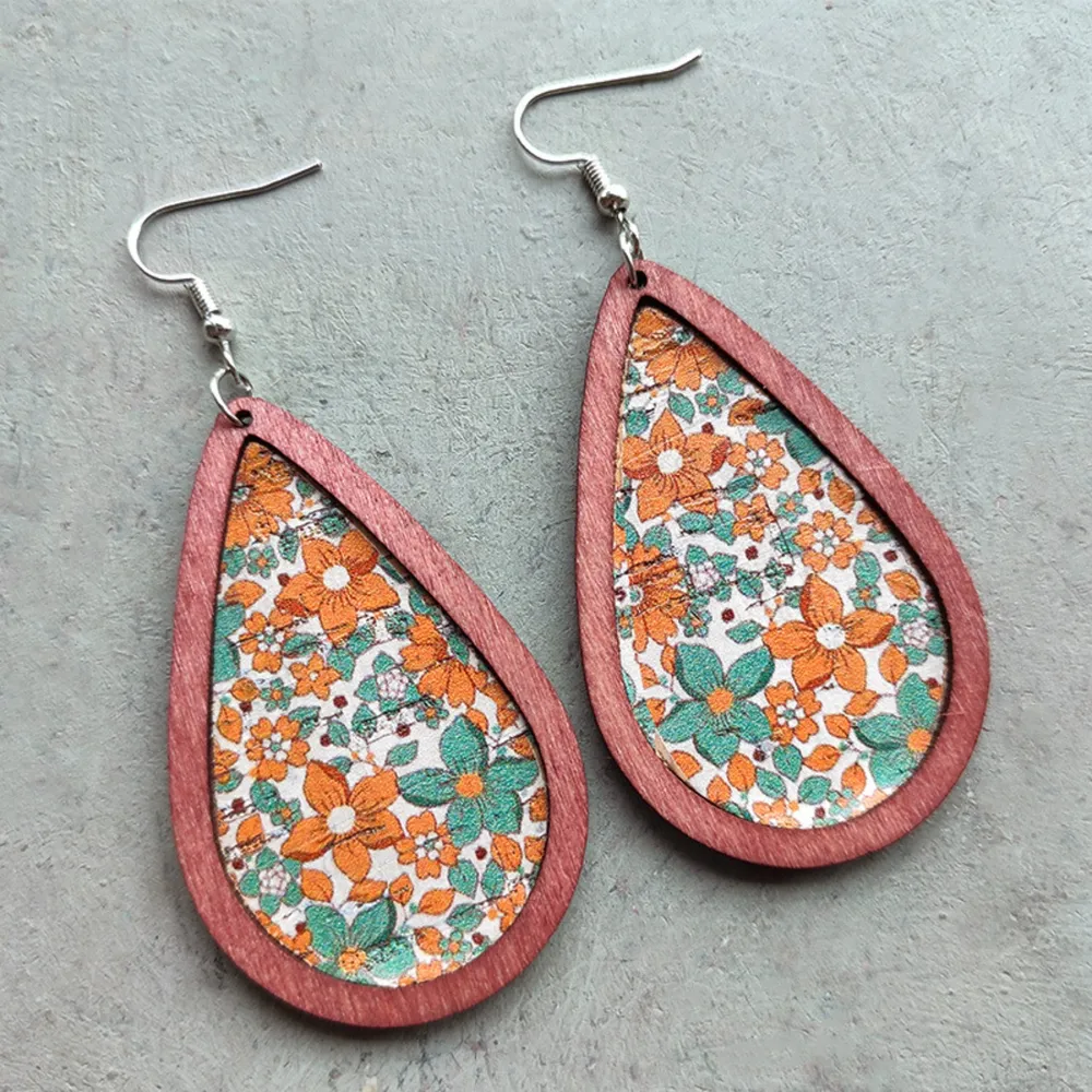 Floral Wood Teardrop Earrings, image 4