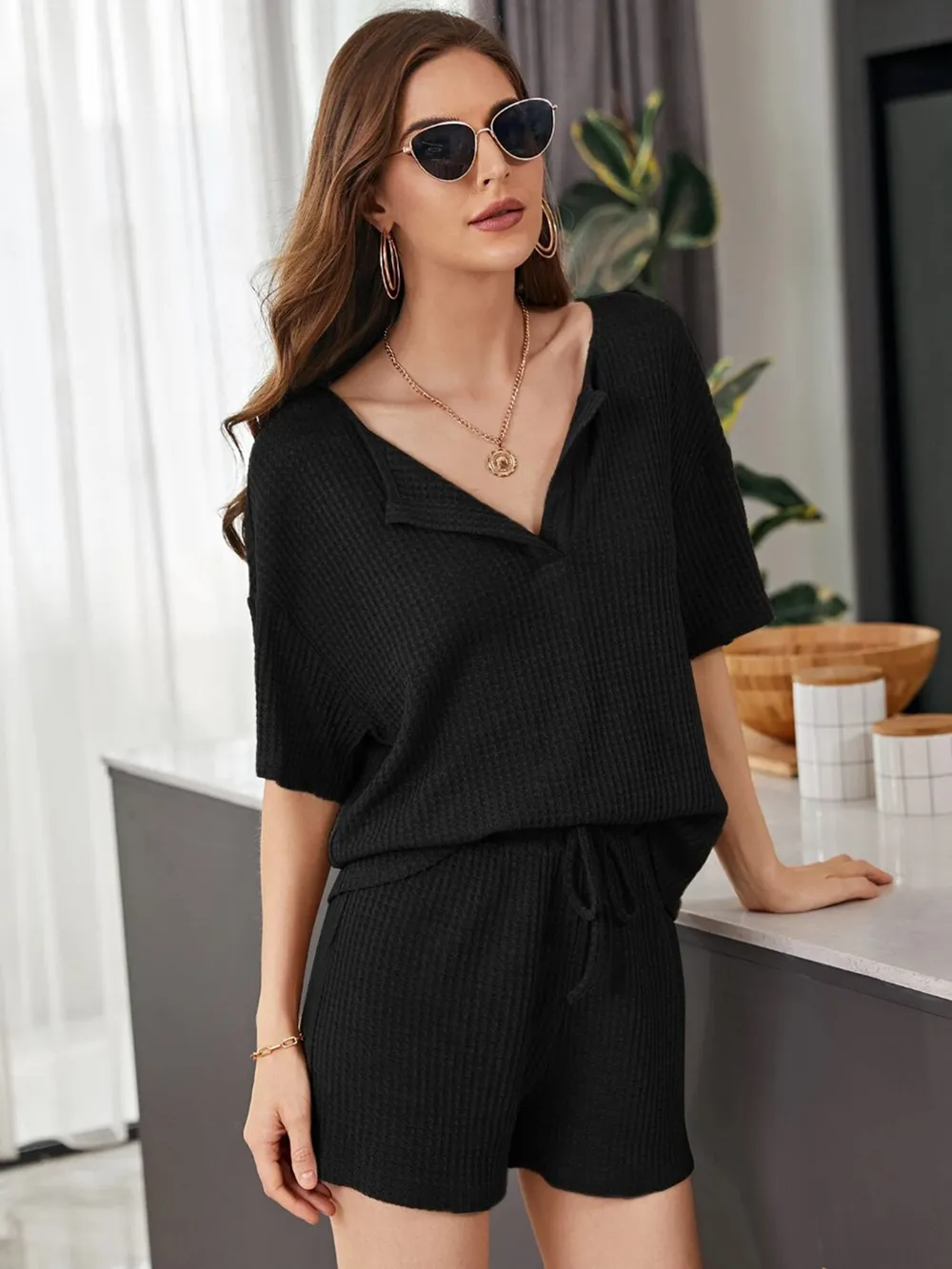 Full Size Waffle-Knit Dropped Shoulder Top and Shorts Set, image 7
